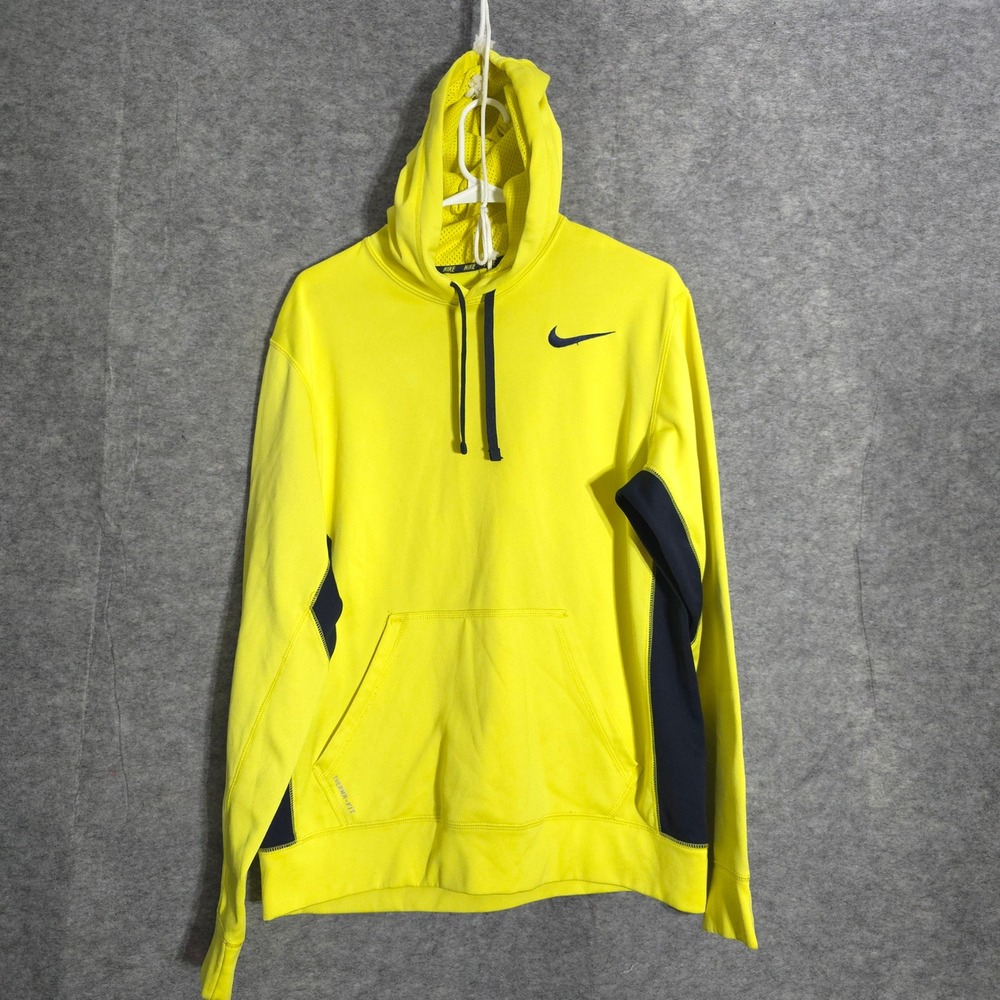 Nike Therma-FIT Hoodie Mens M Yellow Navy 465784-700 Pullover Fleece Training